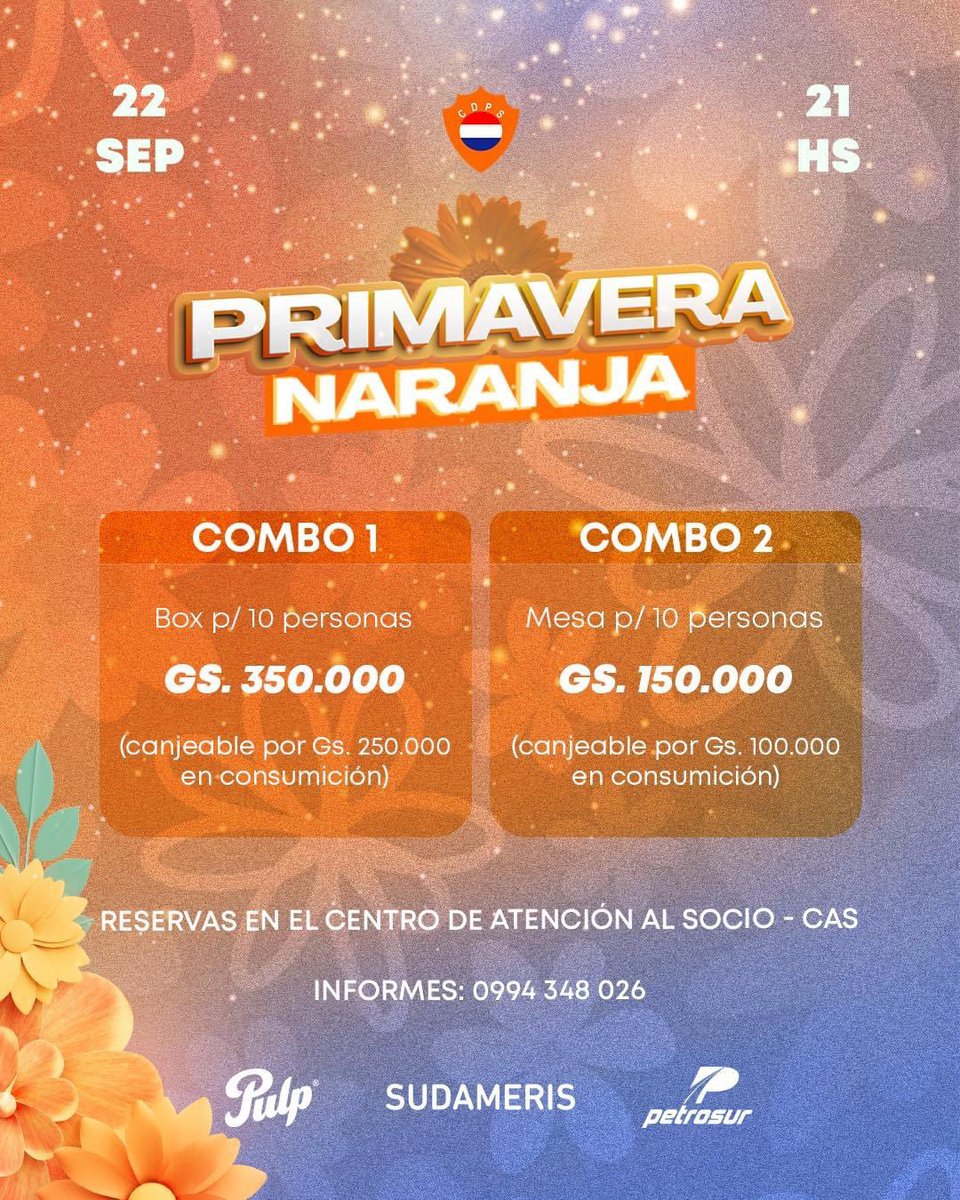 Este 22 de Septiembre te invitamos a la Primavera Naranja 🧡🎉 

En vivo los artistas:
🎤 Los Verduleros
🔊 Dj Natalia Doljak

 ¡No podes perdértelo!

Marcá la fecha en tu calendario y reservá tus mesas a partir de mañana 12/09 en el Centro de Atención al Socio📲