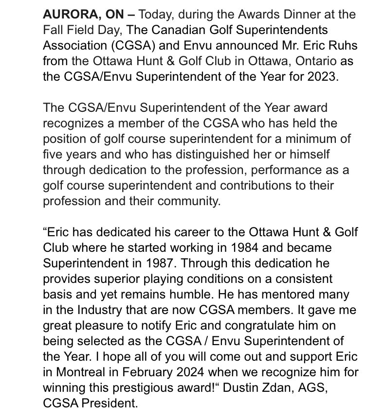 <a href="/EnvuGolfCA/">Envu Golf Canada</a> SOTY is Eric Ruhs from the <a href="/OttawaHuntClub/">Ottawa Hunt & Golf Club</a> Congratulations