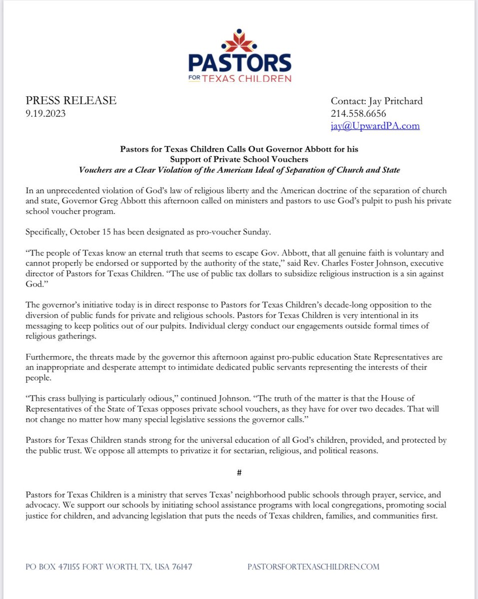 “In an unprecedented violation of God’s law of religious liberty, and the American doctrine of the separation of church and state, @GregAbbott_TX this afternoon called on ministers and pastors to politicize God’s pulpit to push his private school voucher program.” #txlege #txed