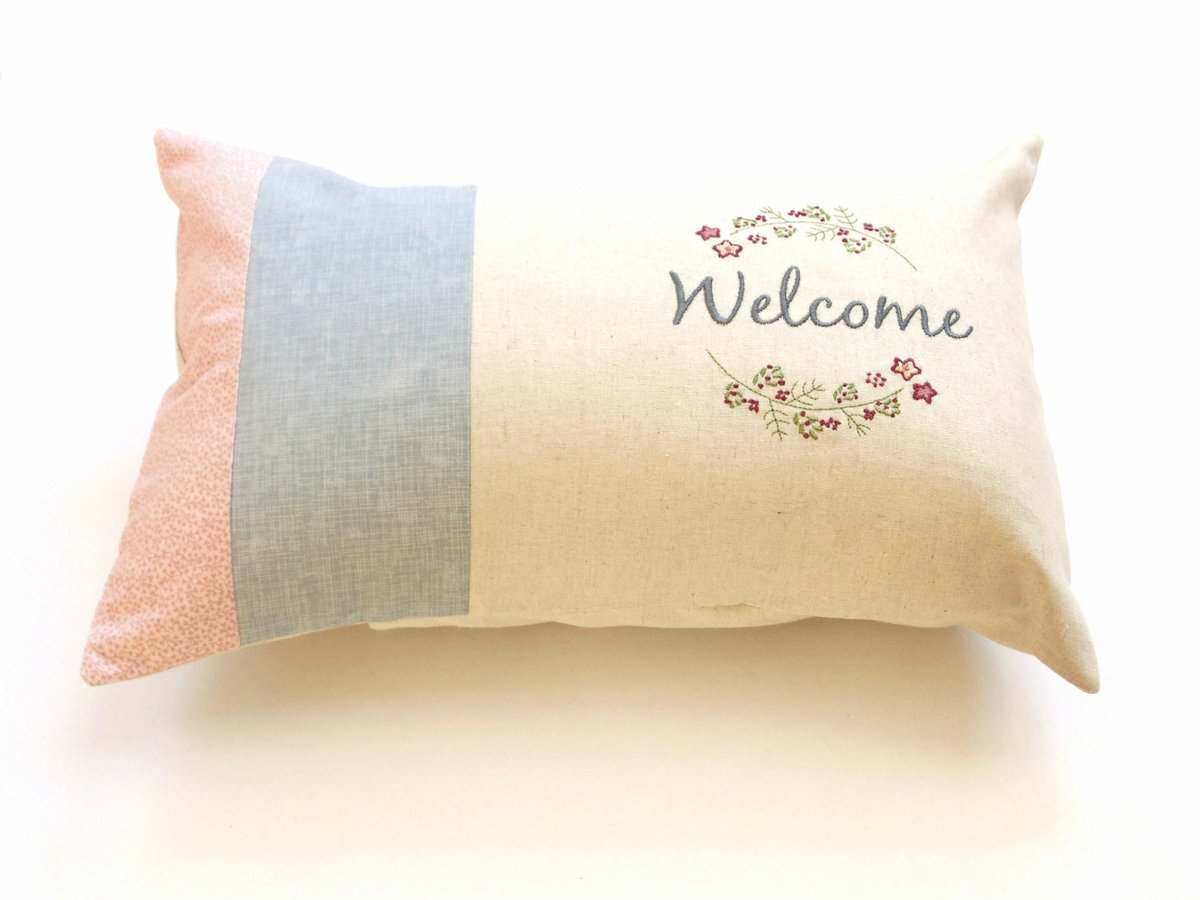 Summer floral pillow, bolster pillow, embroidered Welcome cushion tuppu.net/d7b07555 #zipperpouch #NancyEllenStudios #Etsy #handmade #DecorativePillow