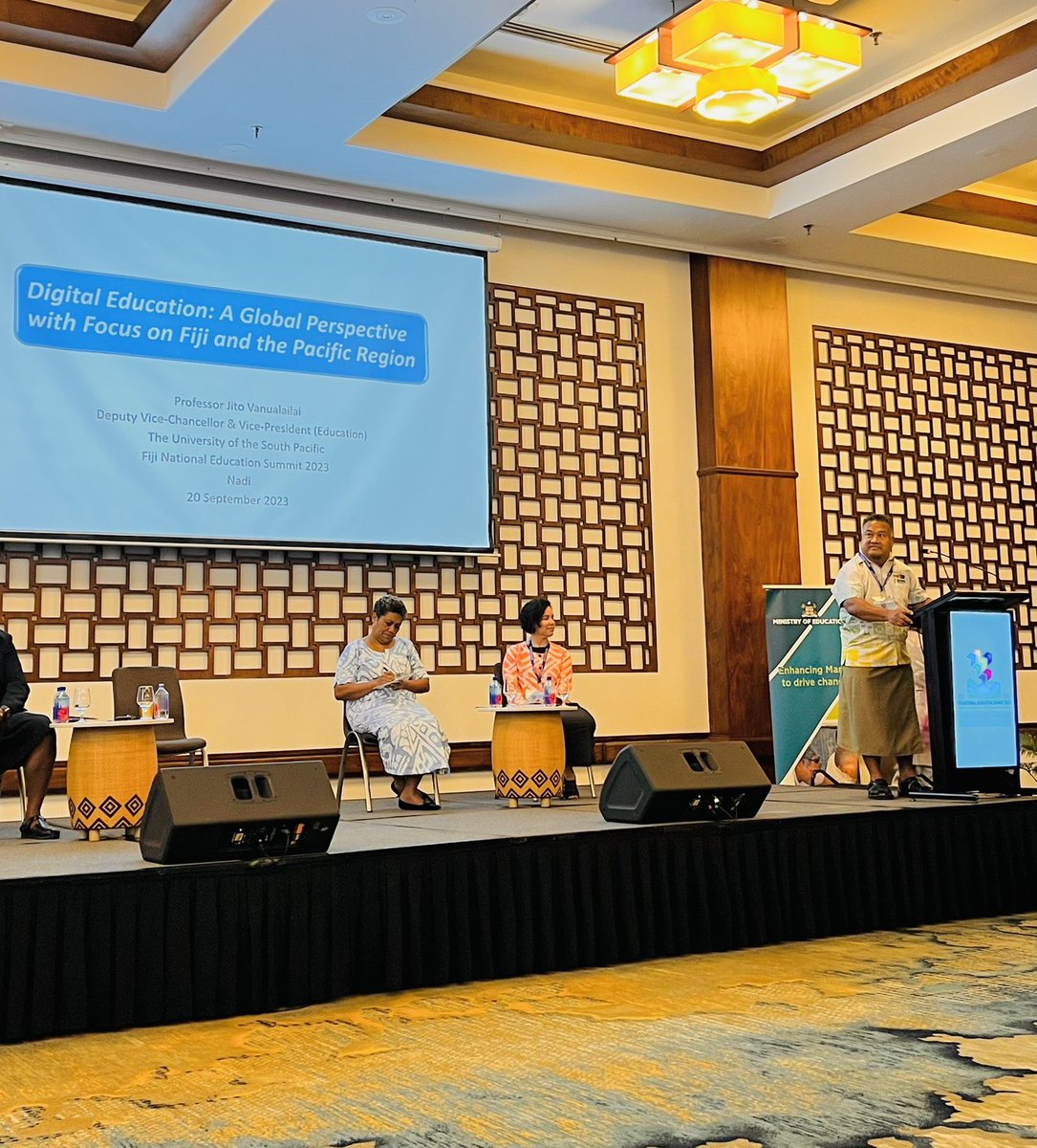 UniSouthPacific's tweet photo. USP’s Deputy Vice-Chancellor, Professor Jito Vanualailai, presented this morning at Fiji National Education Summit. 

His presentation focused on Digital Education, sharing practices &amp; success stories of USP from across the Pacific.
#TeamUSP #EducationSummit #workwithmewednesday https://t.co/3DtMRwPs8V