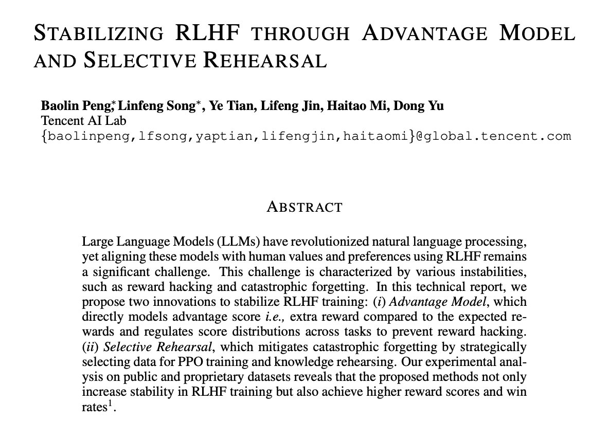 Stabilizing RLHF through Advantage Model and Selective Rehearsal

paper page: huggingface.co/papers/2309.10…

Large Language Models (LLMs) have revolutionized natural language processing, yet aligning these models with human values and preferences using RLHF remains a significant