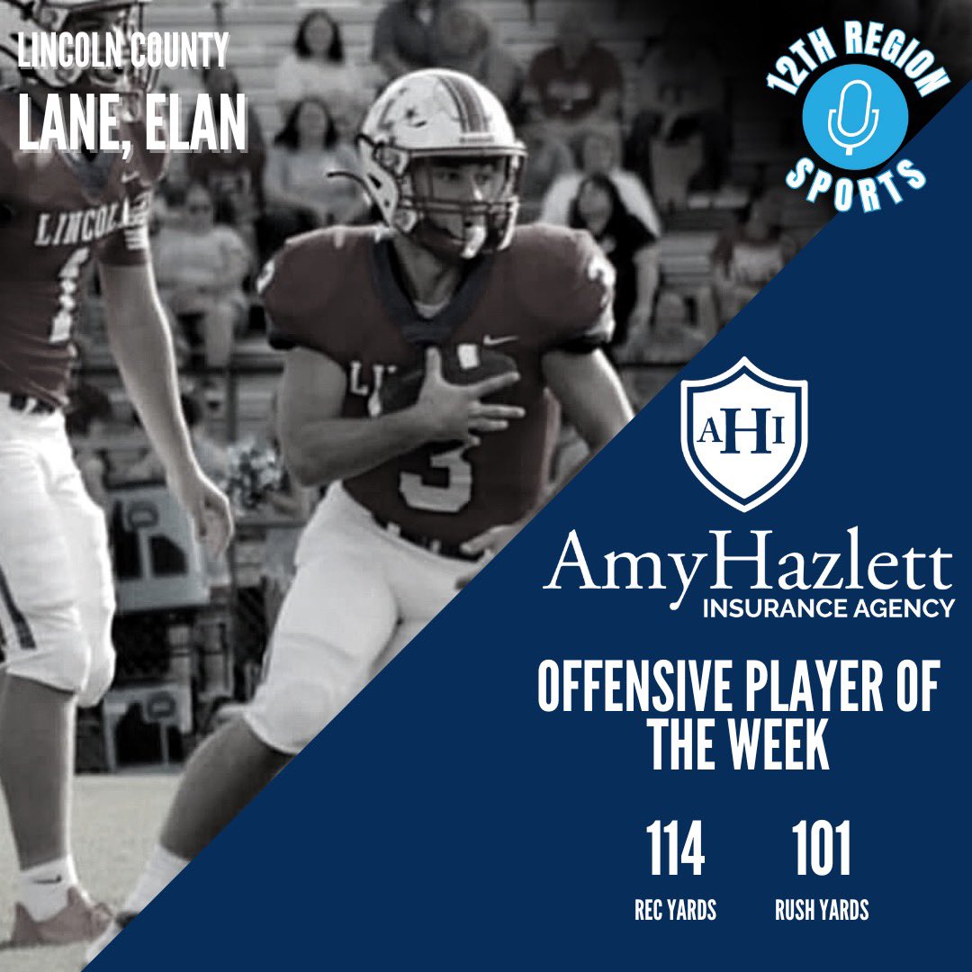 12th Region Sports Network (@12thsports) on Twitter photo Congratulations to the <a href="/AmyHazlettIns/">Amy Hazlett Insurance Agency</a> Offensive Player of the Week from <a href="/LC_Patriots/">Lincoln Co. Football</a>
βοΈ<a href="/ElanLane/">Elan Lane</a> βοΈ Congratulations to the <a href="/AmyHazlettIns/">Amy Hazlett Insurance Agency</a> Offensive Player of the Week from <a href="/LC_Patriots/">Lincoln Co. Football</a>
βοΈ<a href="/ElanLane/">Elan Lane</a> βοΈ