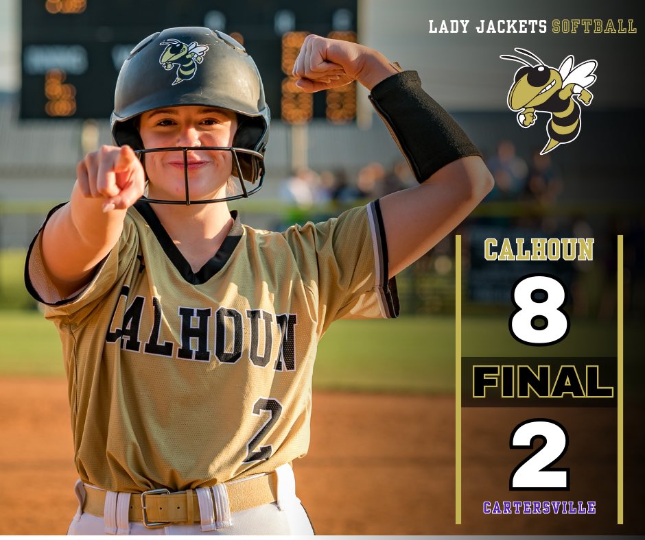 CalhounSoftball's tweet photo. The Lady Jackets were on fire tonight! Calhoun secured a thrilling 8-2 victory at home against a solid Cartersville team. Avery Greeson's pitching was lights out, facing 28 batters with zero earned runs. 🥎💪 https://t.co/ljmKCy2LrY