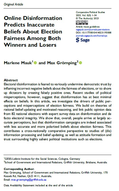 How worried should we be about electoral #disinformation? “Very worried!” is what @MaukMarlene & I conclude in our @cps_journal study. We find robust evidence that online disinfo is associated with less accurate perceptions of #ElectoralIntegrity 🧵1/16 journals.sagepub.com/doi/10.1177/00…