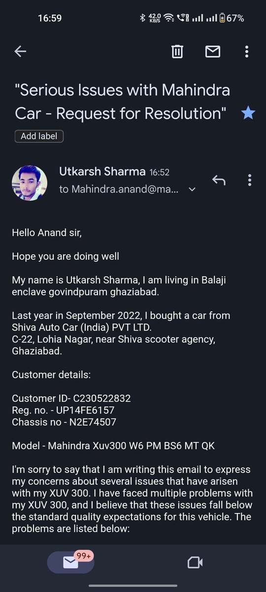 Utkarsh18549222's tweet photo. @anandmahindra

I emailed you regarding a serious issue with my car two days ago, but I have not received any response yet. The matter is of utmost importance, and I kindly request your prompt attention and assistance in resolving this matter. https://t.co/shk3pK8r7z