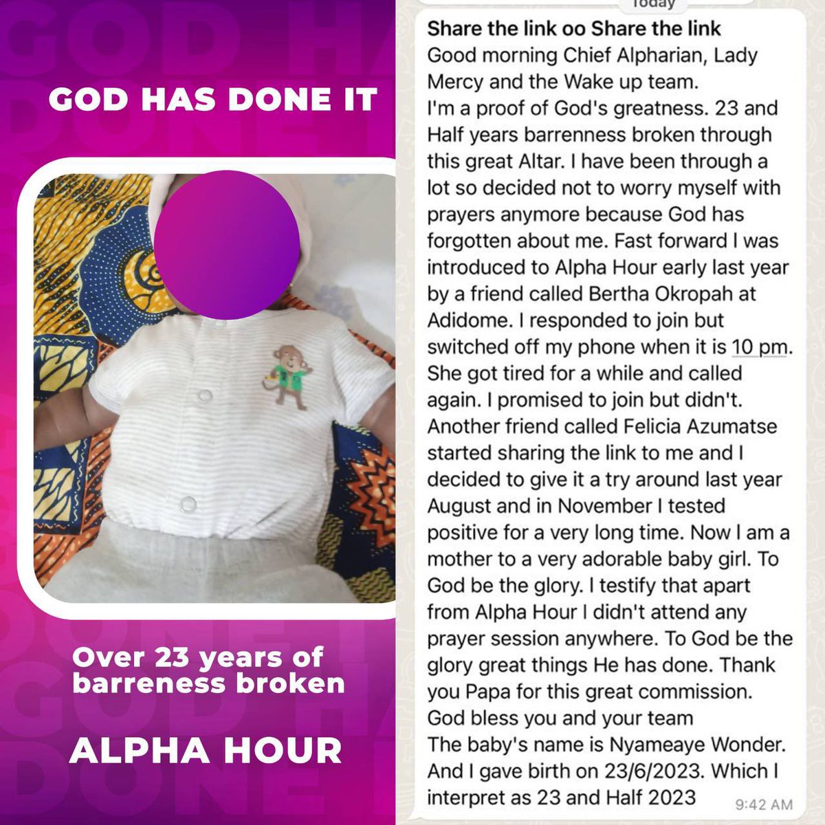 REAgyemang's tweet photo. Over 23 years of Barreness broken. We can't doubt God again. Never! He will surely do all that He has promised. 

I am in awe of His mighty works. Yesterday was 20 years barreness broken. When we thought it was unheard of, then He shocks even the more  today with over 23 years barreness broken. We are stucked to Jesus forever. The well able God. The Great Miracle worker. Thank You Sir.