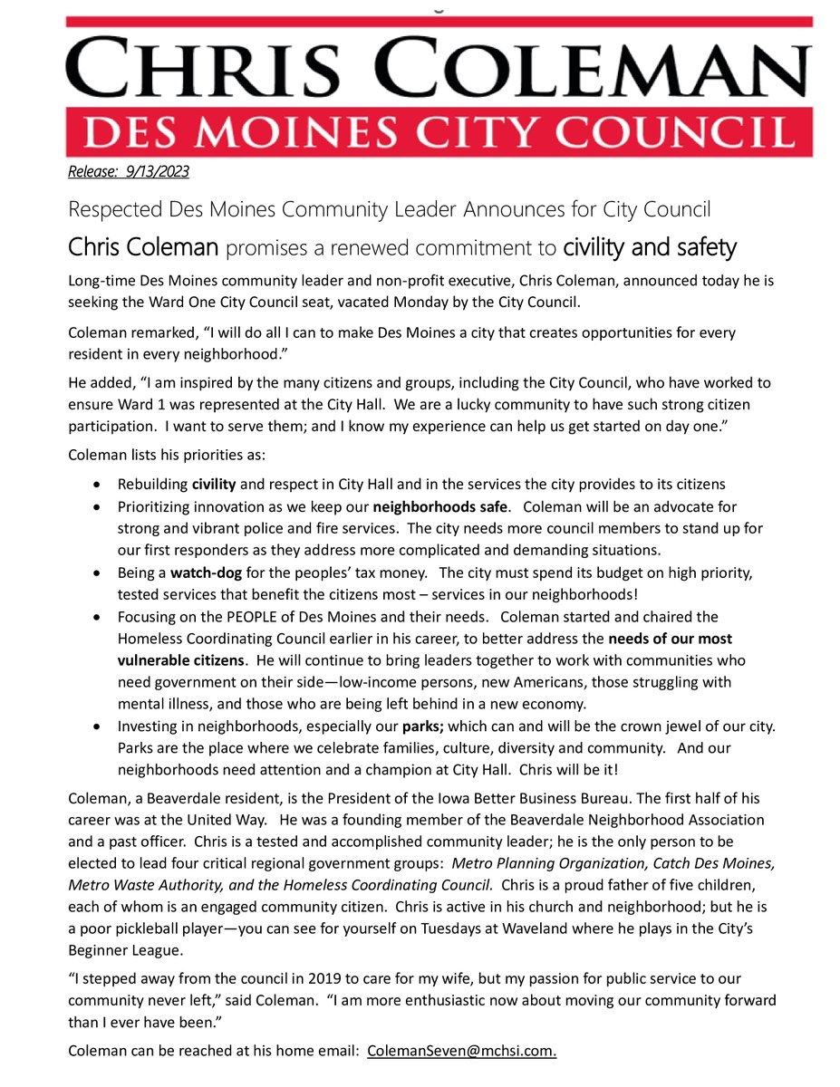 Excited for the opportunity to serve the vibrant city of Des Moines, especially Ward 1! In the coming weeks, I'm looking forward to connecting with you all to earn your trust and support. #ColemanForDesMoines #DSMUSA