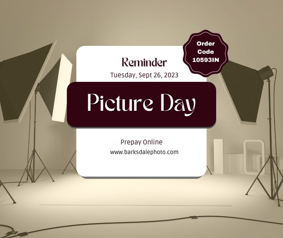 MTCRegional's tweet photo. Reminder, Picture Day is Tuesday, September 26, 2023.  You can log onto https://t.co/uUeQunCbw0 to prepay your student's portrait package.  Please use the code 10593IN. https://t.co/JC04PBq7NR