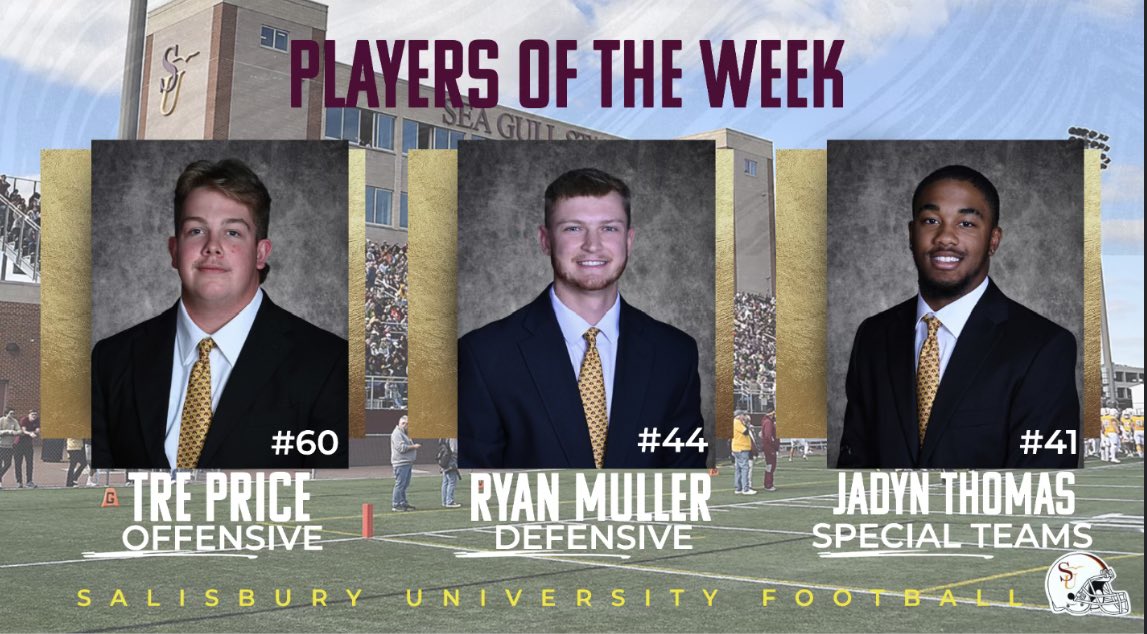 SeaGullFootball's tweet image. Players of the Week

Jr. Tre Price 

Sr. Ryan Muller

So. Jadyn Thomas

#GoGulls #GoldPride