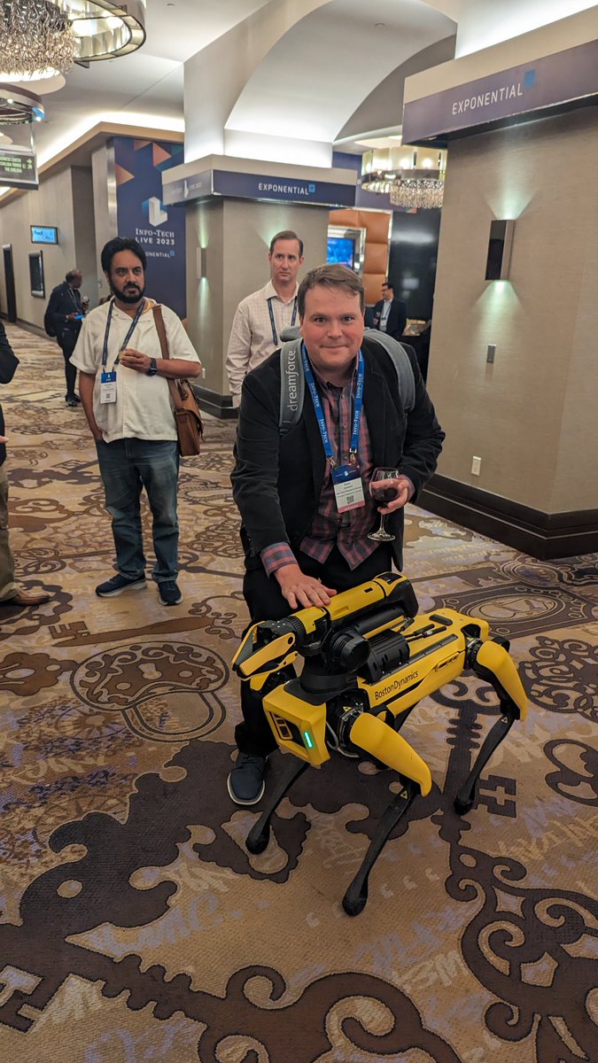 brianjjackson's tweet image. Met Spot today. We&apos;ve videoconferenced before but never met in person. Good boi. #infotechlive