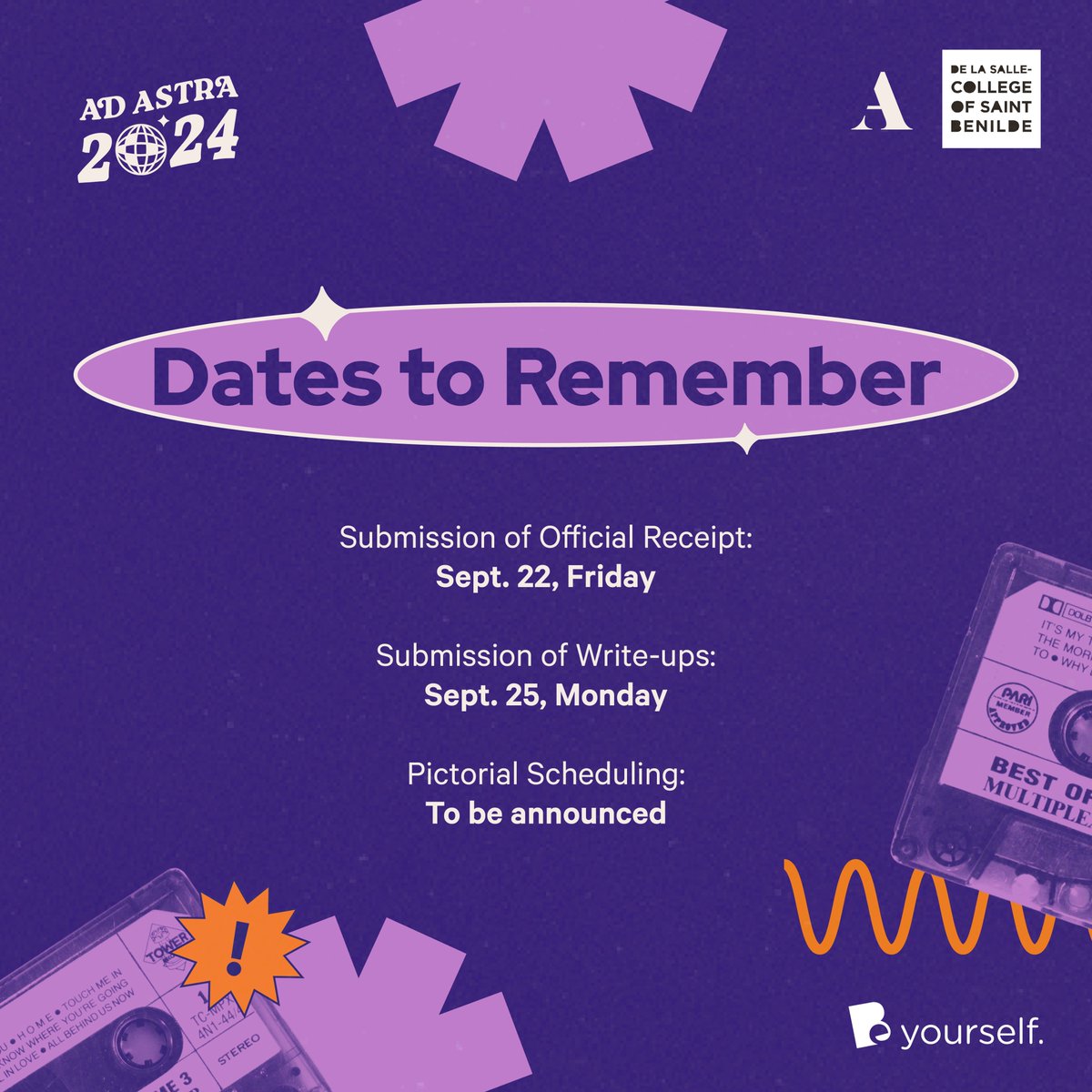 theAdAstra's tweet photo. Heads up, disco buddies! 🕺

Don’t miss out on these dates to remember for AD ASTRA 2024. 💜

Pictorial scheduling will open soon, so stay tuned for future announcements! 🤩

Here are the steps leading up to your submission, make sure you have completed the following: https://t.co/Dm9EARcK3L