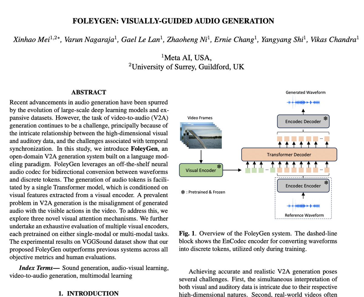 FoleyGen: Visually-Guided Audio Generation

paper page: huggingface.co/papers/2309.10…

Recent advancements in audio generation have been spurred by the evolution of large-scale deep learning models and expansive datasets. However, the task of video-to-audio (V2A) generation continues