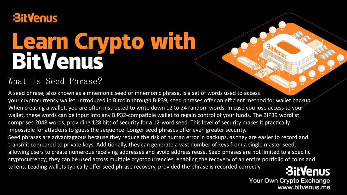 Learn Crypto with Bitvenus

#SeedPhrase #Cryptocurrency #WalletBackup #BIP39 #Security #Blockchain #DigitalAssets #MnemonicPhrase #CryptoWallets #AddressRecovery #PortfolioProtection #CryptoSecurity