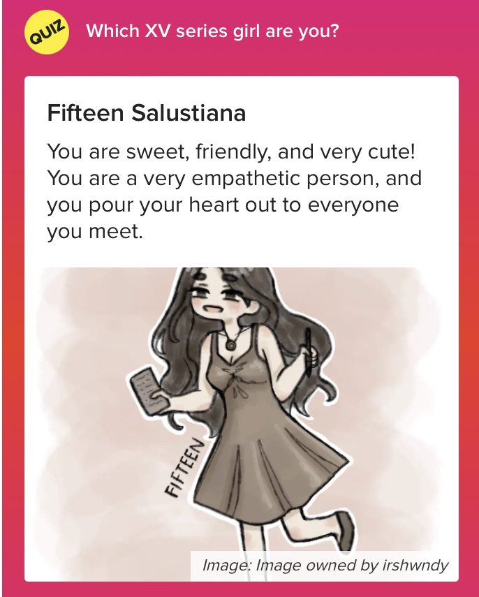 irshwndy's tweet photo. Which XV series girl are you? 😍💖 Let's find out! I got Fifteen 🤭

Take the XV Series Quiz: https://t.co/YUzjUZ9IBd https://t.co/DXFLV1Ls3s
