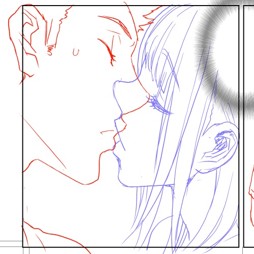 何年キャリアを積んでも初級モードで下描き。
重なる線はどっちの鼻の線を消し上唇、下唇の線を残すのか…手前と奥…
まつ毛の形や耳の位置、唇の線やあごの線をヒントに消していく。 