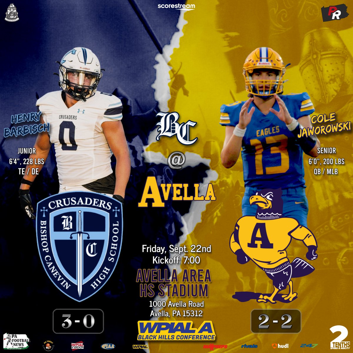 ⚔️Week 4⚔️

The @CrusadersFBall (3-0) take on the Avella Eagles (2-2) at 7pm at Avella Area HS Stadium in this Black Hills Conference matchup! #LetsGoBC

🆚Avella 
📆Friday, Sept. 22nd
⏰ 7:00 PM
📍Avella Area HS Stadium

#WPIAL, #BrickByBrick, #BeUncommon, #WeAre, #WeekFour