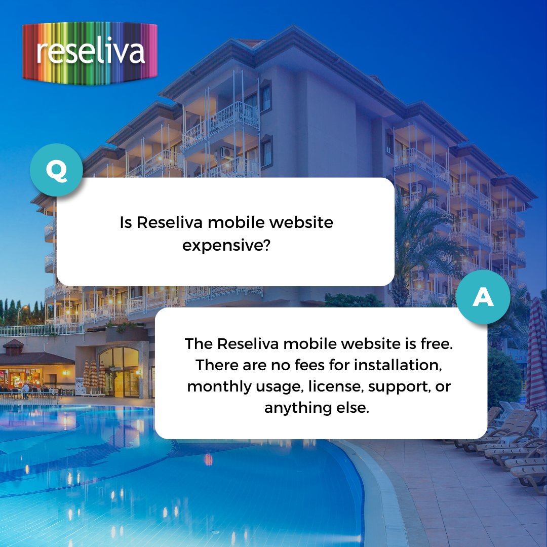 You will only be charged a 3% commission fee on reservations made through your Reseliva mobile website
Create your #Reseliva Booking Engine account to get your own mobile #booking screen! For more information
visit our website

#DirectBooking #HotelWebsite #OnlineBooking #hotel