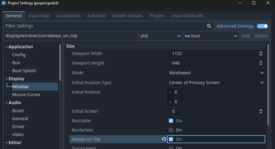 sbishek's tweet photo. @passivestar_ You can make game window always on top.
Go to Project Settings, enable Advanced Settings and mark `Always on Top` https://t.co/QL1TomUTIt