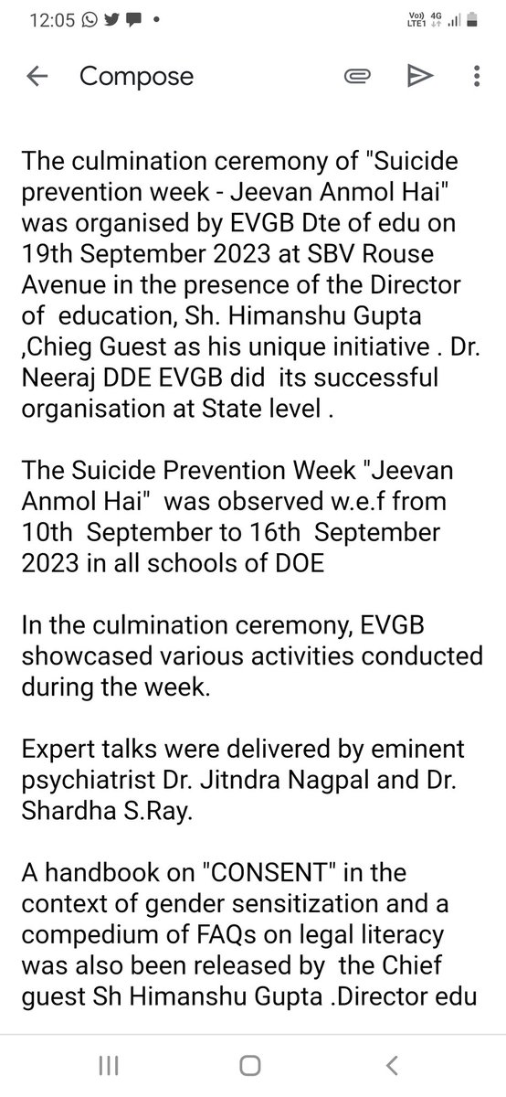 Neerja58336656's tweet photo. The culmination ceremony of "Suicide prevention week - Jeevan Anmol Hai" was organised by .Dte of edu on 19th Sept 23 .Sh. Himanshu Gupta DE ws Chief Guest. EVGB in lead role in its  successful organisation at  state level @gupta_iitdelhi
@Dir_Education https://t.co/GWXciOV8RI