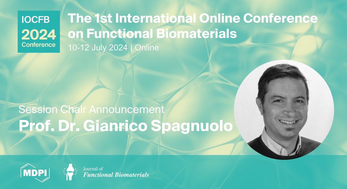 JFB_MDPI's tweet photo. We are pleased to announce the Chair of Session 'Dental Biomaterials' of The 1st International Online Conference on Functional Biomaterials. 

Prof. Dr. Gianrico Spagnuolo @drgiangi 
University of Naples Federico II, Italy.

Check conference details at: https://t.co/9j9GyPTr8p https://t.co/x51mbDVE6B