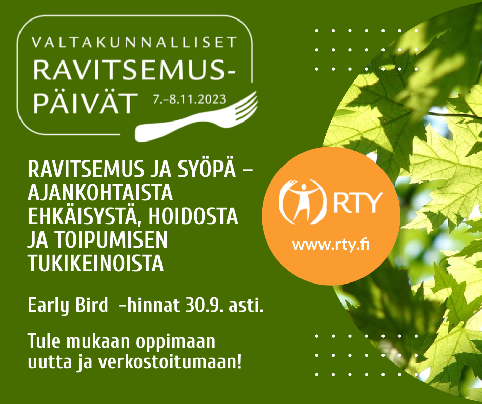 📣 Ilmoittaudu nyt Valtakunnallisille Ravitsemuspäiville 7.-8.11.2023! Early bird -hinnat ovat voimassa vain 30.9. asti. Älä jää paitsi tilaisuudesta oppia uutta ja laajentaa verkostoasi!
➡️ rty.fi/toiminta/valta…
#ravitsemuspäivät #ravitsemus