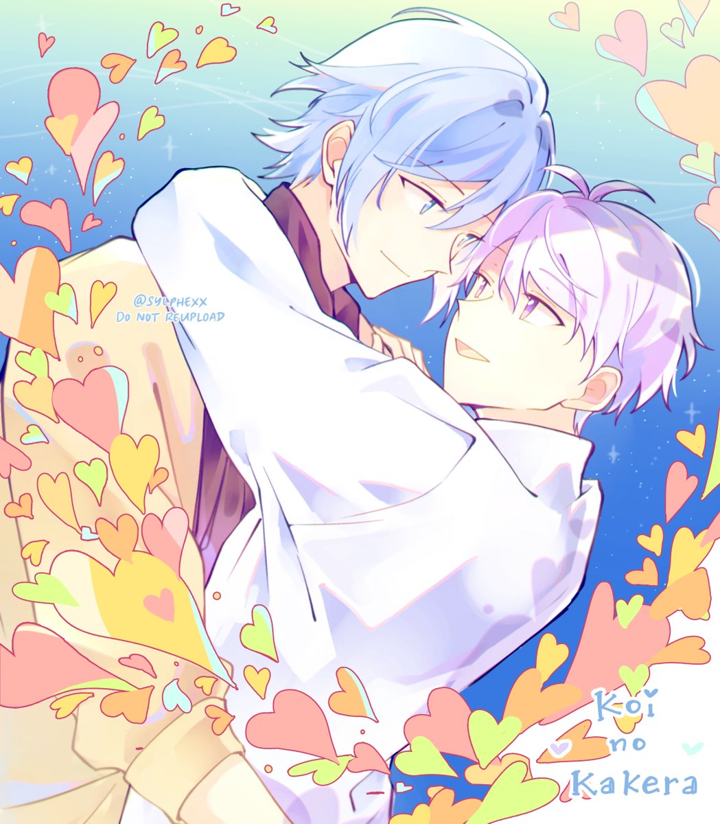 multiple boys 2boys male focus purple eyes blue hair yaoi heart  illustration images