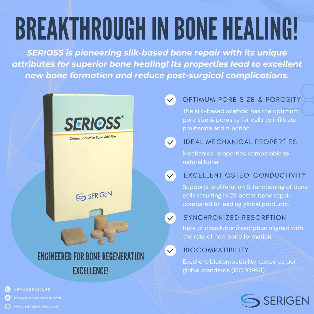Serioss is a one-of-a-kind silk-based bone healing solution with the ideal attributes for superior bone repair!

@AnuyaNisal @premnathv6 @swati_shukl

@venture_center @csir_ncl @BIRAC_2012

@bio_angels @ianetwork @colossa_ventures 
#medtech #bonerepair #silkprotein #bonehealth
