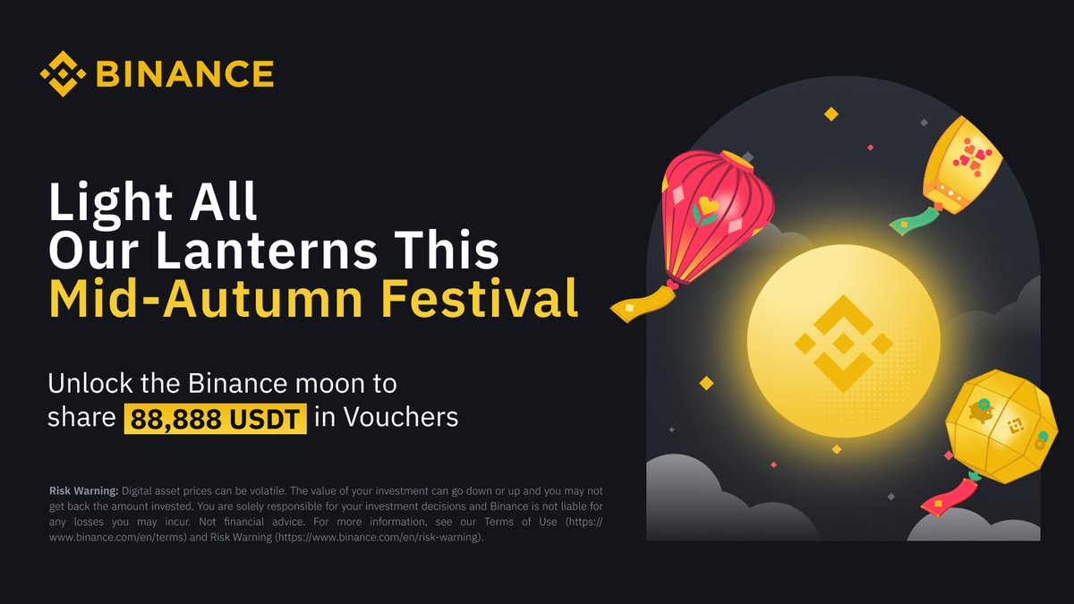 Light up lanterns with #Binance in celebration of Mid-Autumn Festival for a chance to win a share of 88,888 $USDT!

To join:
🔸Complete any one task to light a lantern
🔸Light up all three Lanterns to unlock the Binance Moon 

T&amp;Cs apply ➡️binance.com/en/support/ann…