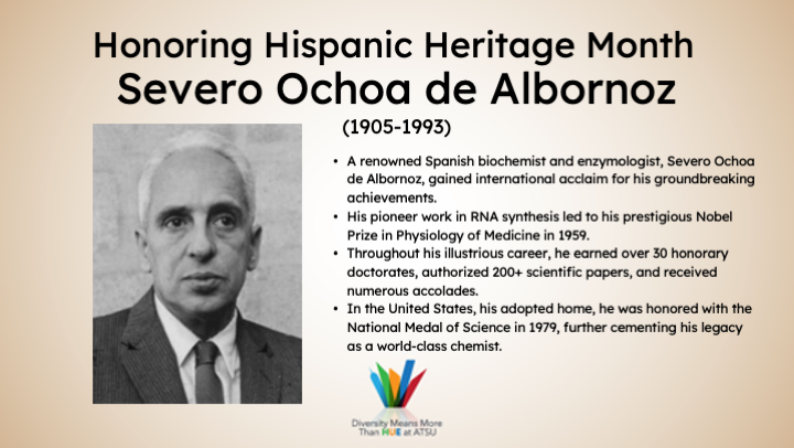 ATSUDiversity's tweet photo. Severo Ochoa de Albornoz was a renowned Spanish biochemist and enzymologist who gained international acclaim for his groundbreaking achievements.

His pioneer work in RNA synthesis led to his prestigious Nobel Prize in Physiology or Medicine in 1959. 

#HispanicHeritageMonth https://t.co/ecGglAx2GE