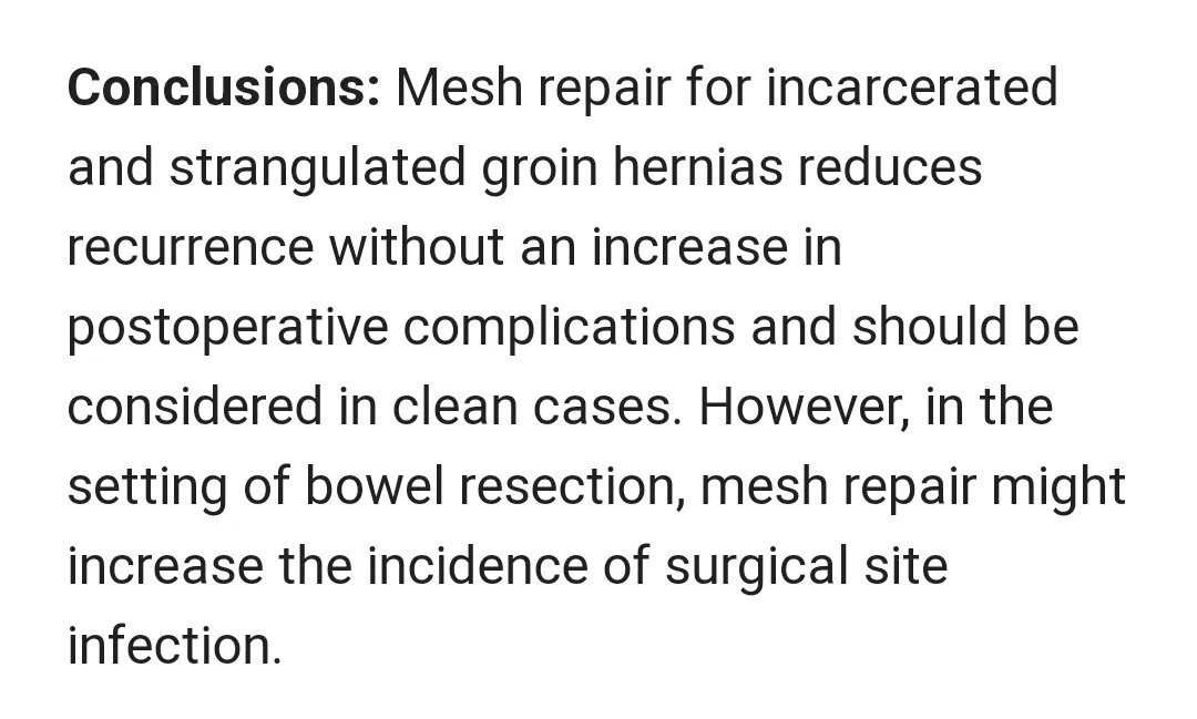 bit.ly/3EHehLQ Mesh repair versus non-mesh repair for incarcerated and strangulated #GroinHernia: an 
updated systematic review and   meta-analysis.

#HerniaSurgery #InguinalHernia
