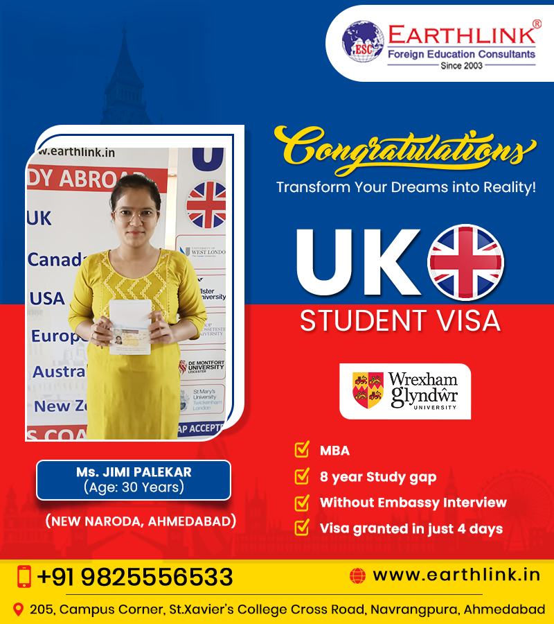 Earthlink_edu's tweet photo. Our warmest congratulations to Ms Jimi Palekar on successfully acquiring a #UKstudentvisa to study at Wrexham Glyndwr University.

Call: +9198255 56533
Visit: https://t.co/LV60GnWPos

#Earthlink #StudyinUK #studyabroad #ukwork #workvisa #educationconsultancy #ukimmigration https://t.co/pinz6PN7bY