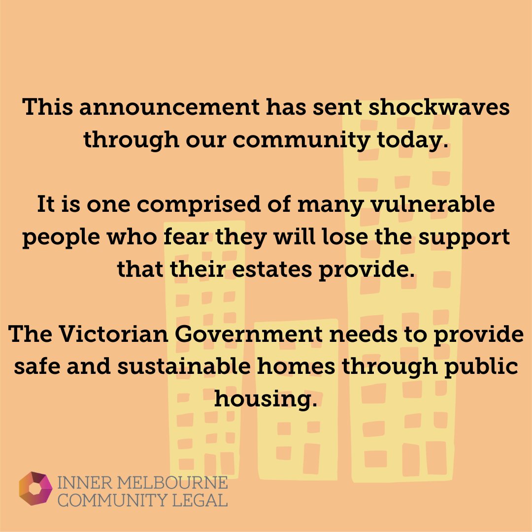 Our community needs public housing. We are calling on the Victorian Government to reverse its decision to have all public housing towers torn down by 2051. The estates in Flemington, North Melbourne and Carlton are the first sites planned to go by 2031 imcl.org.au/news/media-rel…