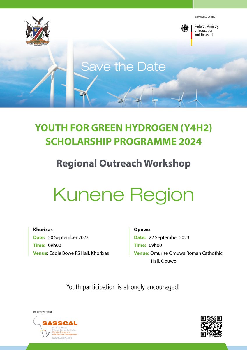 On Friday, 22 September 2023, the 𝐆𝐫𝐞𝐞𝐧 𝐇𝐲𝐝𝐫𝐨𝐠𝐞𝐧 𝐒𝐜𝐡𝐨𝐥𝐚𝐫𝐬𝐡𝐢𝐩 Team will be in 𝐎𝐩𝐮𝐰𝐨 for a 𝐑𝐞𝐠𝐢𝐨𝐧𝐚𝐥 𝐎𝐮𝐭𝐫𝐞𝐚𝐜𝐡 𝐖𝐨𝐫𝐤𝐬𝐡𝐨𝐩 where information will be shared about Green Hydrogen and the application process.

Roman Catholic Hall, 09H00.