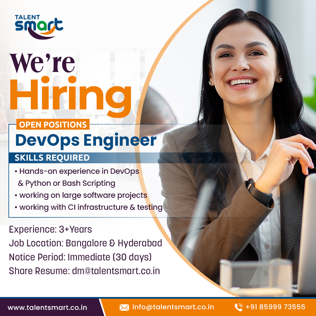 We're Hiring! | @talentsmartco

Role: Devops Engineer & Experience: 3+Years
Job Location: Bangalore & Hyderabad
Notice Period: immediate - 30 Days

#devopsjobs #devopshiring #jobsinhyderabad #jobsinbangalore #devopsengineers #devopsengineerjobs #devopsengineer #jobhunting