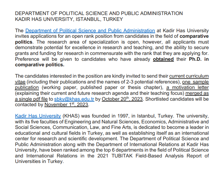 📢Job Opportunity in the Department of Political Science and Public Administration <a href="/khasedutr/">Kadir Has Üniversitesi</a>:

🚨Application deadline is extended to October 20th, 2023!

👇👇👇

khas.edu.tr/en/job-opportu…