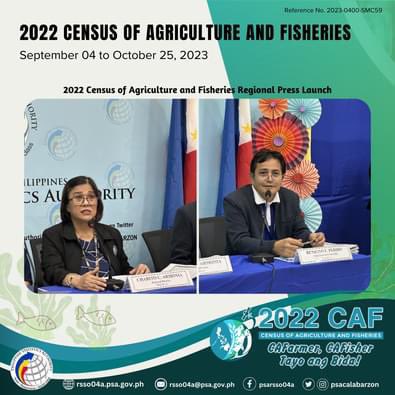 31 August 2023– Lipa City, Batangas. The Philippine Statistics Authority Regional Statistical Services Office IV-A conducted the Census of Agriculture and Fisheries (CAF) Press Launch via Zoom and Facebook Live. 

#PSA
#CAF2022
#CAFarmer
#CAFisher
#TayoAngBida