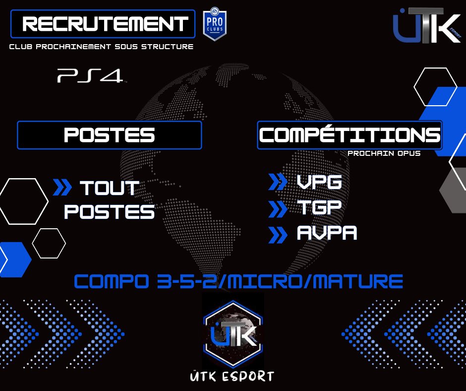 UtkEsport's tweet photo. ÜTK ESPORT RECRUTE PROCHAINEMENT SOUS STRUCTURE LOI 1901
🔊 POUR LE PROCHAIN OPUS ON AURAS 2 ÉQUIPES PS4 ET PS5🔊
➡️ COMPÉTITIONS PS4
✅VPG
✅TGP
✅AVPA PREMIUM
⚠️On recherche des joueurs adulte sérieux et motivé⚠️#clupro #PS4
#esport #11vs11 @uzi13600 https://t.co/lF8CcaZHq5