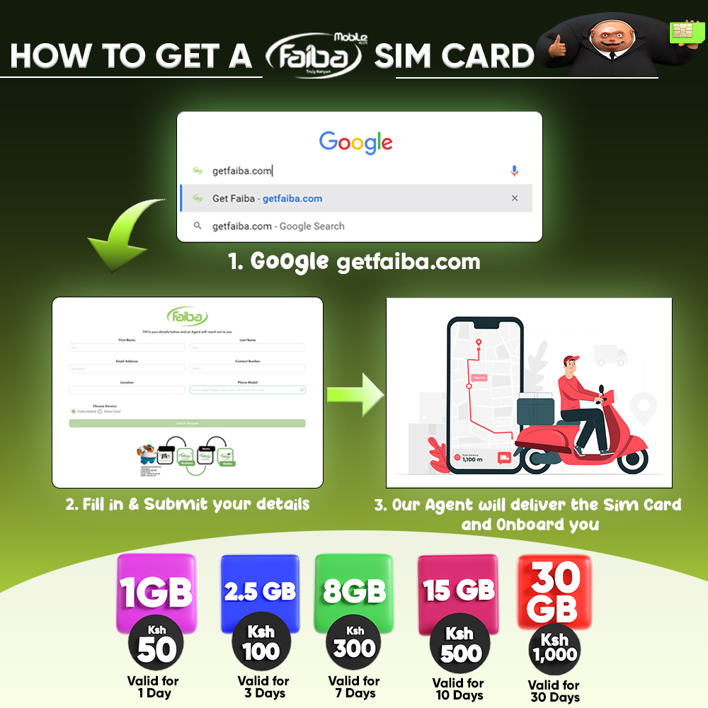 Furahia Mtandao Na Faiba Mobile!

Mambo Ni Matatu Ukitaka Ku Join The Fastest, Affordable &amp; Most Reliable Smartphone Network Today!

1. Click getfaiba.com
2. Fill and submit your details.
3. Our Agent will reach out to onboard you.

#FaibaJTL #FaibaMobile #GetFaiba