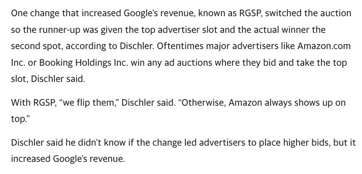 My head continues to explode. This detail was lost under the whole 10% thing.

...Google swapped winners &amp; runners-up??

It increased revenue but *they don't know why* 🤯

Implicitly, the action was taken for other reasons (to suppress top advertisers) and had happy side effects