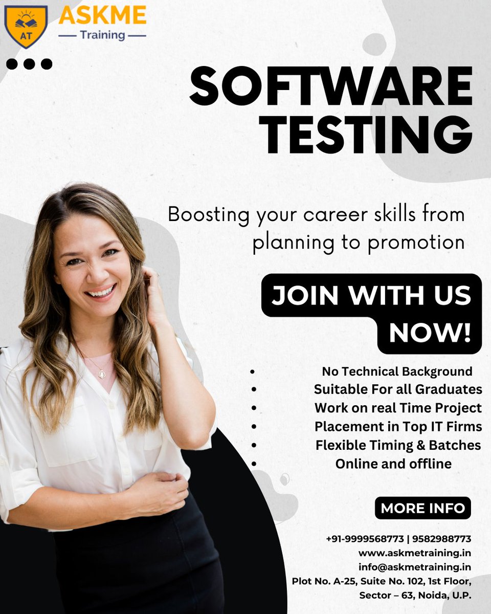 Start your career in IT and software industry as a Software testing engineer so Join us Now
Software testing training classes
#Automationtesting
#Mobileapptesting
#ISTQBcertification
#apitesting
Call us - 099995 68773
Click Here - askmetraining.in