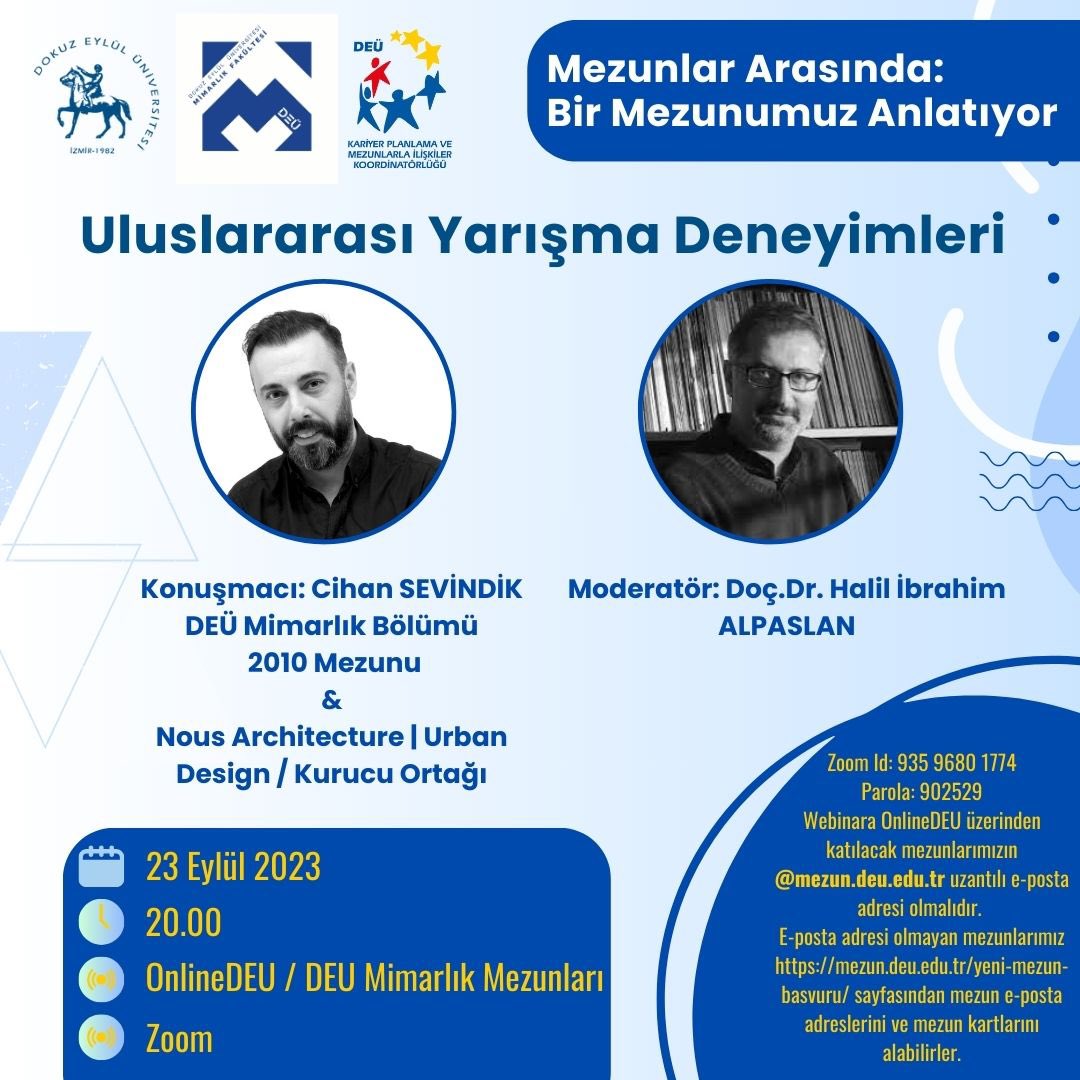 deumimarlik's tweet photo. Mimarlık Fakültesi Mezunlarla İlişkiler Komisyonu tarafından gerçekleştirilecek ‘Mezunlar Arasında: Bir Mezunumuz Anlatıyor’ etkinlik serisinin ilkinde DEÜ Mimarlık Bölümü 2010 mezunumuz Cihan Sevindik, Doç.Dr. Halil İbrahim Alpaslan moderatörlüğünde https://t.co/OZyYvpu3pj