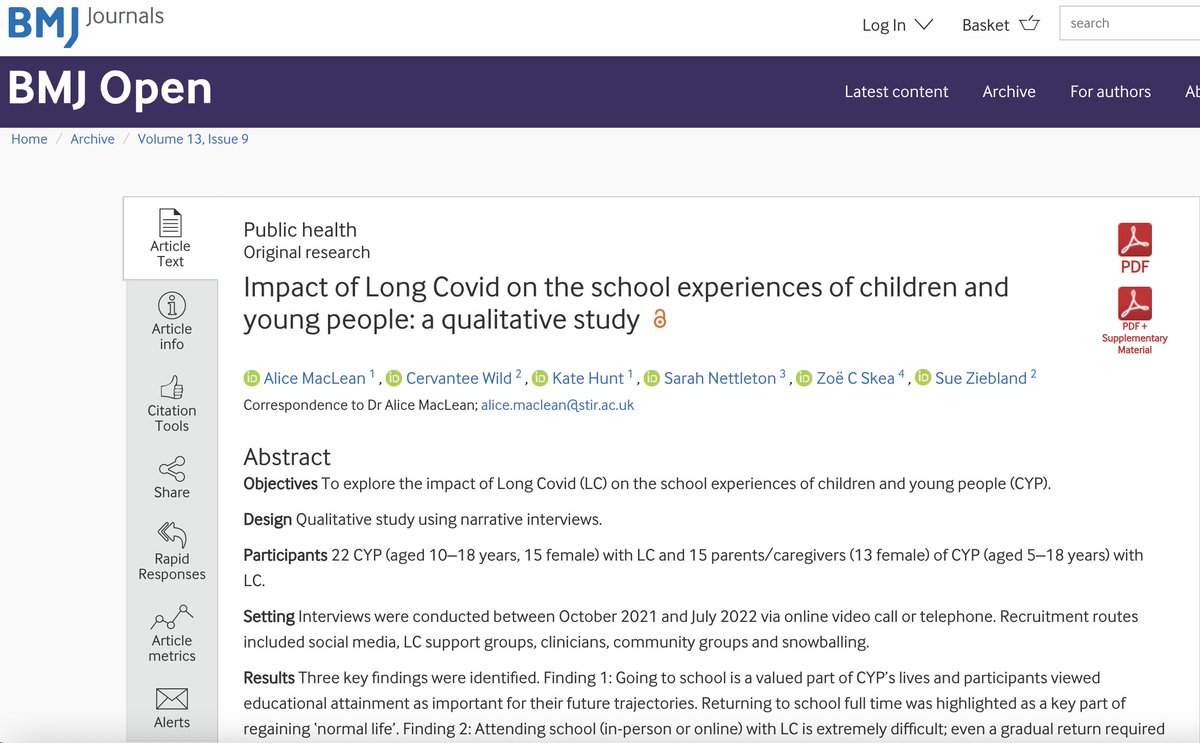 Important NEW Research 'Impact of Long Covid on the school experiences of children and young people: a qualitative study' @AliceMacLean_1 @CervanteeWild @KateHunt2013 @sueziebland bmjopen.bmj.com/content/13/9/e… #LongCovidKids #LongCovid #teachertwitter @ChildrensComm @GillianKeegan