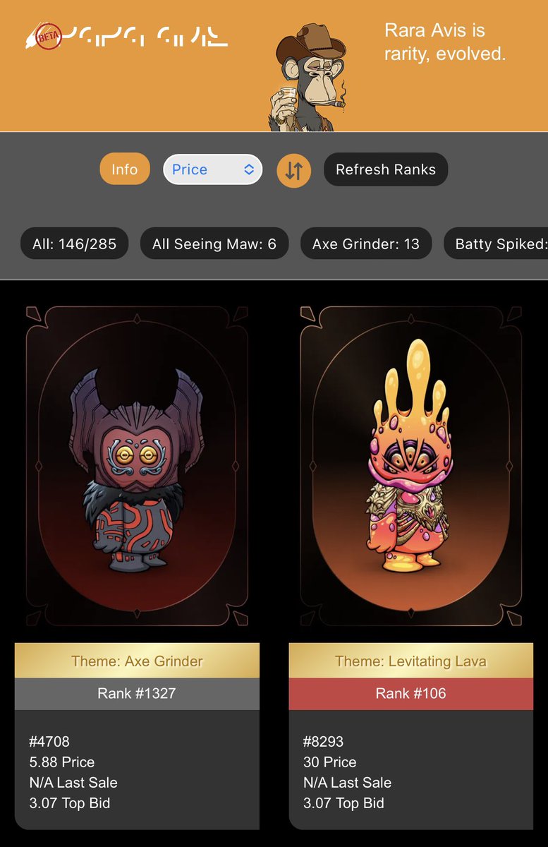 raraavisapp's tweet photo. Some insane Koda theme matches hit the market including rank #106 Levitating Lava #8293 for 30 ETH and rank #13 Mega Koda for 159 ETH. Will be surprised if either of these last very long. There are 8/146 decoupled theme match Kodas for sale. #thematicrarity #theRARAreport https://t.co/YBBwWwso6s