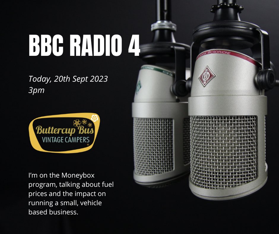 Buttercup Bus Vintage Campervan Hire (@buttercupbus) on Twitter photo Looking forwards to joining <a href="/FelicityHannah/">Felicity Hannah</a> on the <a href="/BBCRadio4/">BBC Radio 4</a> #moneybox program at 3pm today, to discuss the impact of fuel prices on running a small vehicle based business. Grab a coffee and tune in!
#fuelprices #SmallBusiness #vwcamper #classiccar #aircooled #croydon Looking forwards to joining <a href="/FelicityHannah/">Felicity Hannah</a> on the <a href="/BBCRadio4/">BBC Radio 4</a> #moneybox program at 3pm today, to discuss the impact of fuel prices on running a small vehicle based business. Grab a coffee and tune in!
#fuelprices #SmallBusiness #vwcamper #classiccar #aircooled #croydon