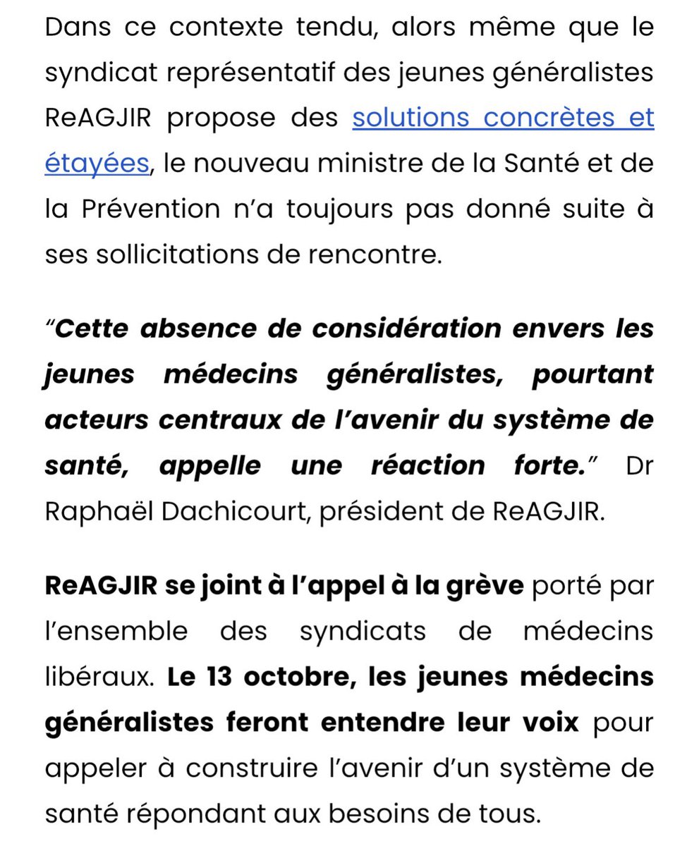 ReAGJIR's tweet photo. 📣 Communiqué

Besoins ignorés, système de santé en danger ⚠️ 

les jeunes médecins généralistes se joignent à la grève intersyndicale et feront entendre leur voix le 13 octobre 🗣️ https://t.co/avLEHad1lZ