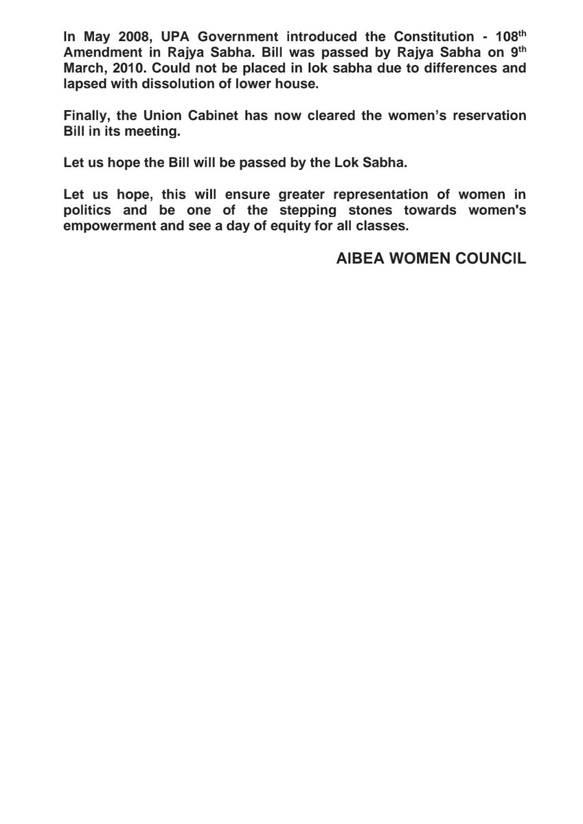 ChVenkatachalam's tweet photo. AIBEA Women's Council welcomes the Cabinet decision approving 
The Women's Reservation Bill. This bill seeks to allocate 33 percent or one-third of all seats in Lok Sabha and State Assemblies to women.. 
#WomenReservationBill2023 
#AIBEA https://t.co/NHEZ0voiWb