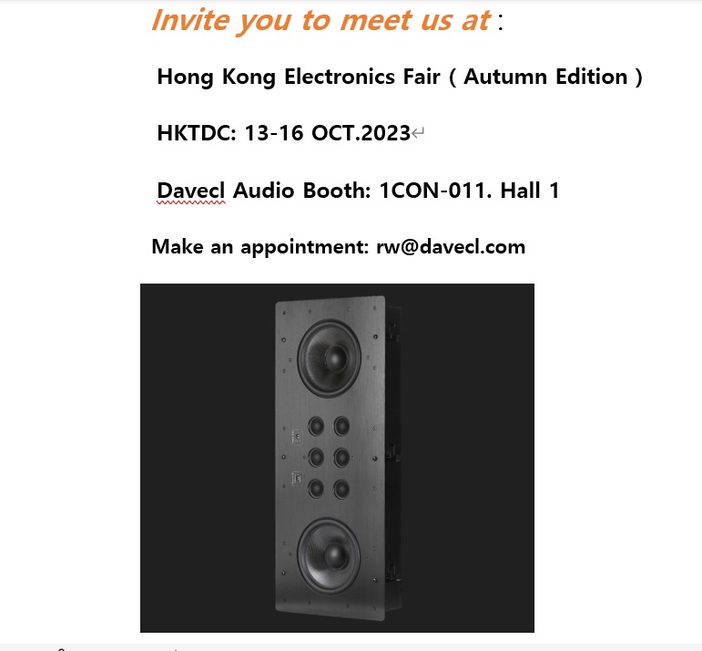 Davecl Wall Speakers for home theater
davecl.com
Welcome OEM or ODM

Welcome you to visit our booth at Hong Kong Electronics Fair HKTDC 13-16 OCT.2023 Booth no.: 1CON-011. Hall 1 

#ceilingspeaker #wallspeaker #inceilingspeaker #inwallspeaker #wifispeaker