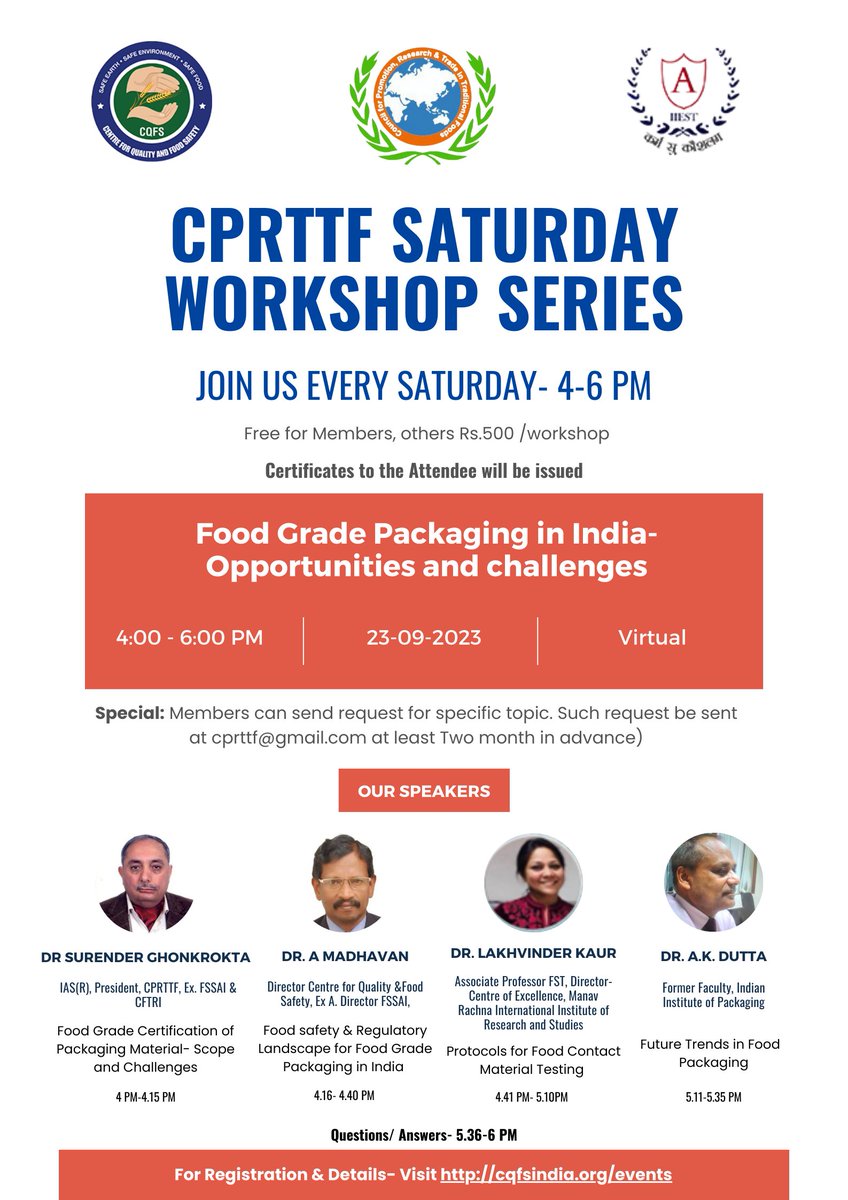 cprttf's tweet photo. Dive into the world of Food Grade Packaging in India
at our Saturday Workshop Series. Explore the opportunities and challenges of this thriving industry. This exclusive session is FREE for our members. 
For Registration &amp; Details, visit https://t.co/EQ9yfhZw7L https://t.co/VlKXjTJETn