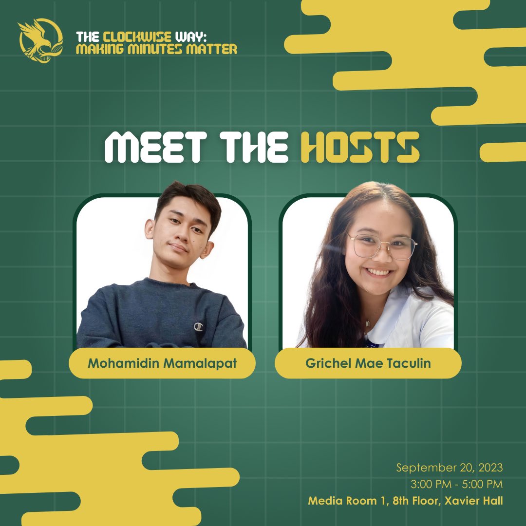 Ateneo_tabs's tweet photo. 𝙈𝙚𝙚𝙩 𝙩𝙝𝙚 𝙝𝙤𝙨𝙩𝙨!

Ravens, let's meet the hosts for our time management seminar! This event will surely be worth your time. 🤩

#TheAteneoBiologicalSociety
#EmpoweringTheExtraordinary https://t.co/jsi0Y73FR1